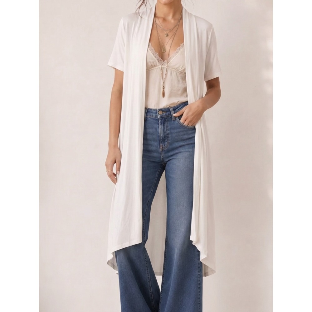 Renee C Bamboo Duster Cardigan Off White Short Sleeve Open Front 1X NEW